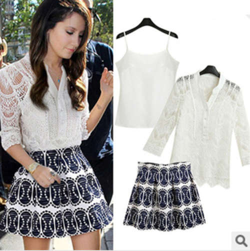 3 Pieces lace shirt, printed skirt and vest. Big-name style. Size 30-36, Shipping fee R60