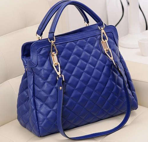 Elegant lattice pattern large size handbag, with belt. Blue color. Stock in ZA