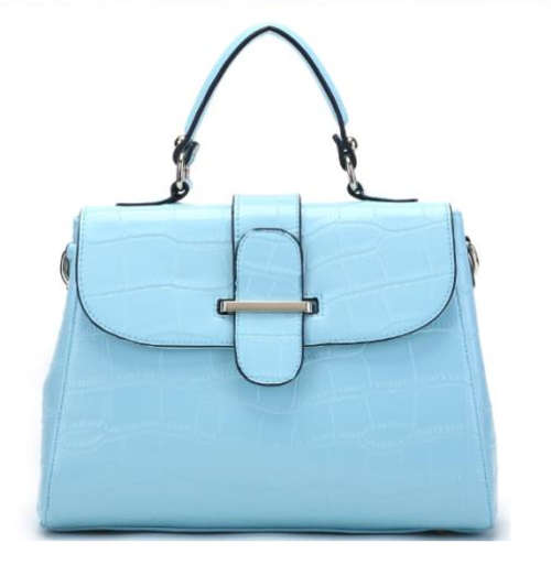 Genuine leather crocodile pattern wax shinning handbag with belt. Color light blue. Stock in ZA