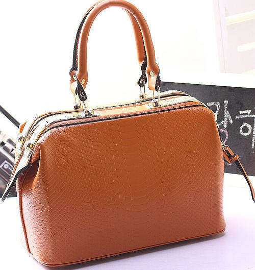 Crocodile embossed strong leather hard shell handbag. Brown color. Large size