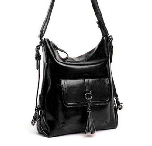 Genuine leather multiple use (shoulder, backpack etc) ladies handbag. Black color