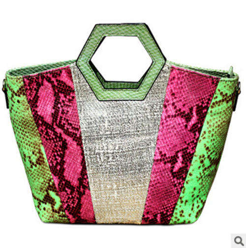 Genuine leather colors joint snake pattern fashion handbag.Green color.
