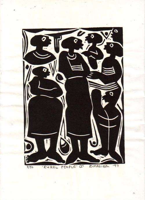 RURAL PEOPLE 1 - By Ezekiel Madiba (Signed Woodcut - Limited Edition Print)
