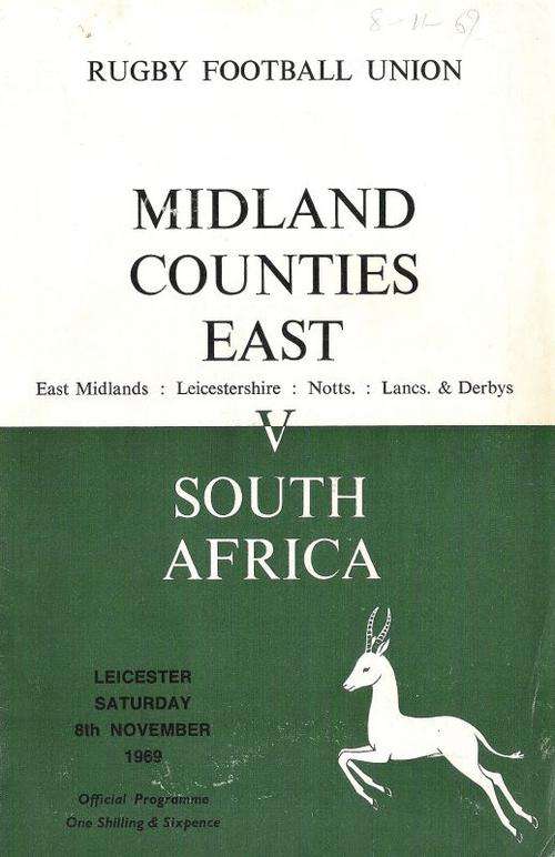 MIDLAND COUNTIES EAST V SOUTH AFRICA 1969 - RUGBY PROGRAMME
