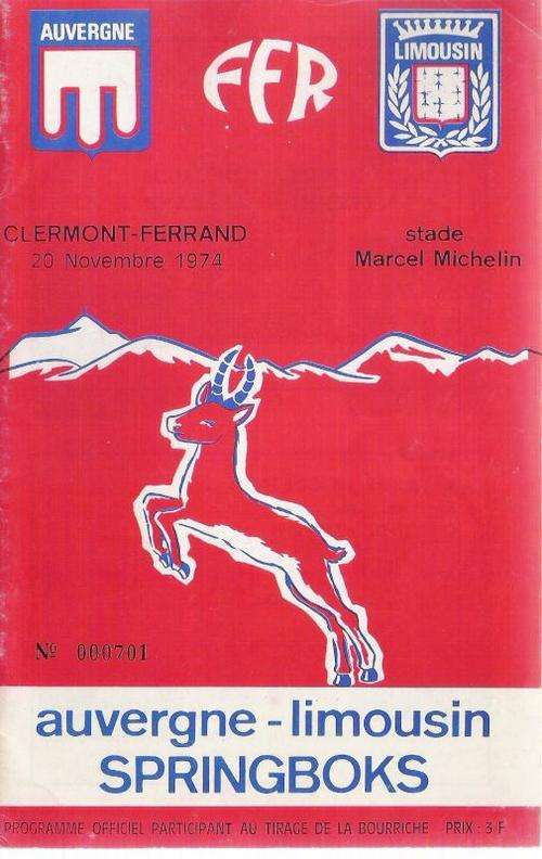 AUVERGNE-LIMOUSIN V SOUTH AFRICA 1974 - VERY RARE RUGBY PROGRAMME