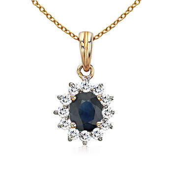 Oval Sapphire pendant with diamond boarder in 14K Yellow Gold
