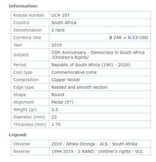 25th Anniversary - Democracy in South Africa /Children`s Rights R2 coin