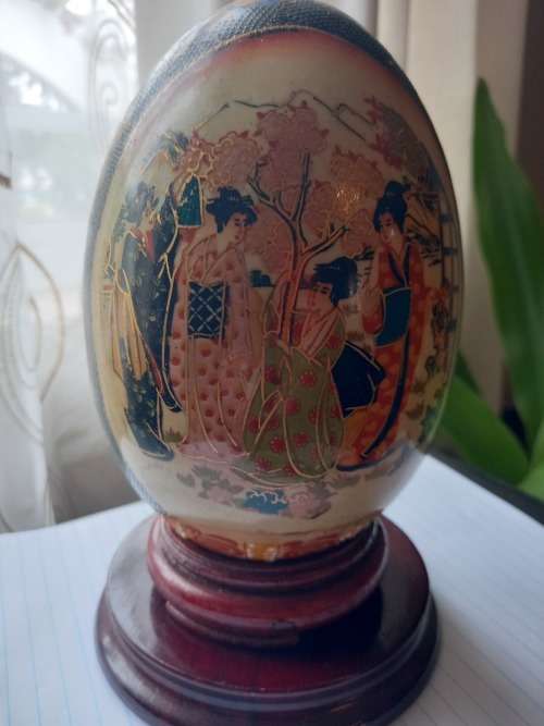 Vintage, Satsuma Egg With Stand, Hand Painted Japanese Art