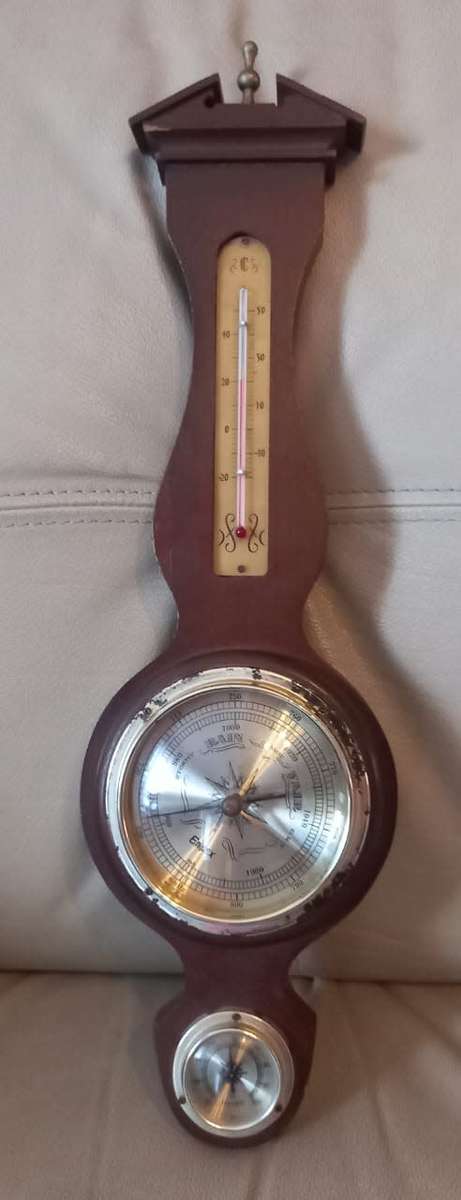 Antique Thermometer, Barometer, Humidity Reading Brass Wood Banjo Style