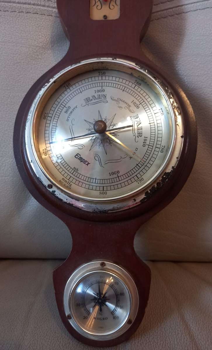 Antique Thermometer, Barometer, Humidity Reading Brass Wood Banjo Style