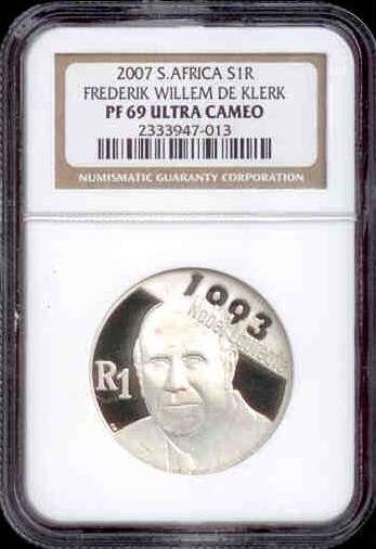 High Grade NGC PF69 Ultra Cameo FW De Klerk Silver One Rand