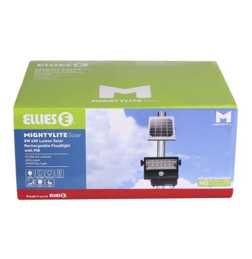 ELLIES MIGHYLITE SOLAR 8W 600 LUMEN SOLAR RECHARGEABLE FLOODLIGHT WITH PIR