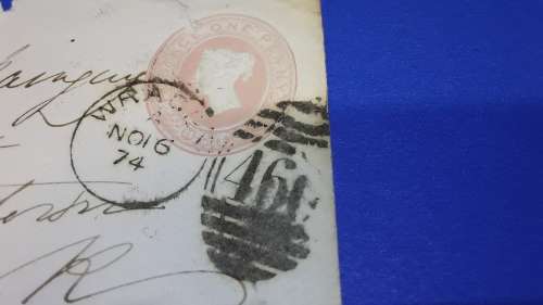 GB. 1874 PENNY PINK Embossed Envelope. Original. Nicely cancelled on 16 Nov 1874 at Wragby (England)