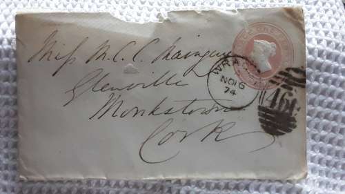GB. 1874 PENNY PINK Embossed Envelope. Original. Nicely cancelled on 16 Nov 1874 at Wragby (England)