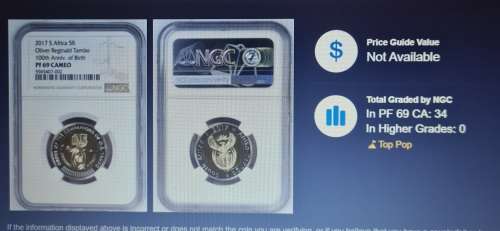 HIGHEST GRADE!!!!!!!!  2017 O R TAMBO R5 - graded PF69 CAMEO at NGC