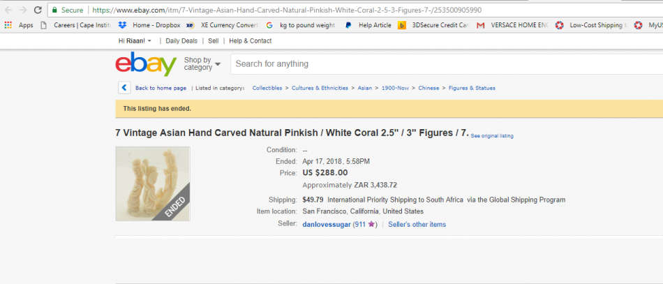 Antique ,Man with money bag.Hand carved Coral  170 x 110  x 80 mm Chinese