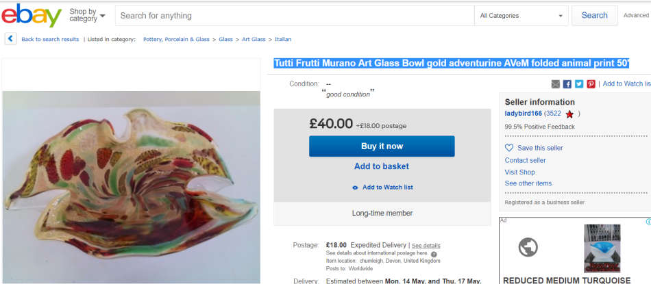 Tutti-Frutti-Murano-Art-Glass-Bowl.Italian Murano Leave shape 2 colour ashtray 170 x 160 x 50mm