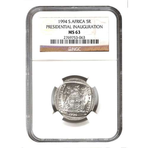 SCARCE GRADE NGC GRADED MS 63 1994 PRESIDENTIAL  INAUGURATION 5 RAND  (OLD LABEL)