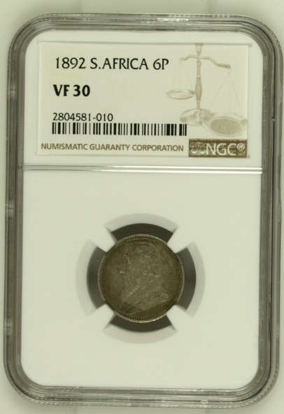 South Africa (ZAR) 1892 Sixpence (6 Pence) VF30 (NGC)