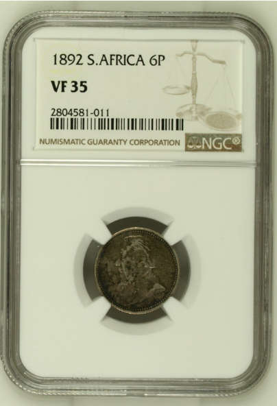South Africa (ZAR) 1892 Sixpence (6 Pence) VF35 (NGC)