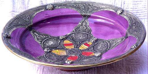 Handmade Moroccan Imported Medium decorative purple bowl with metal and leather - 35 x 8 cm