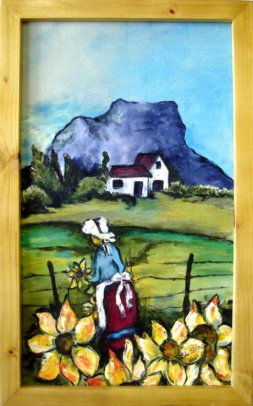 Woman picking flowers with mountain backdrop wooden framed painting - 84 x 53 cm