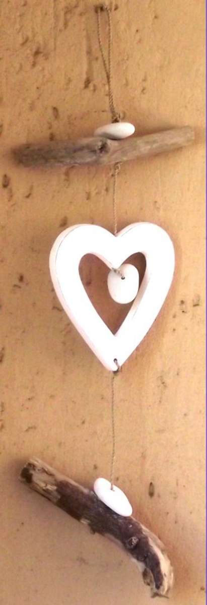 Wooden heart, stick and stone wall hanging - 40 x 14 cm