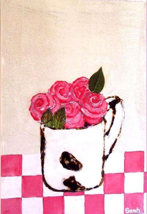 Tin cup with pink roses painting - 34 x 24 x 3cm