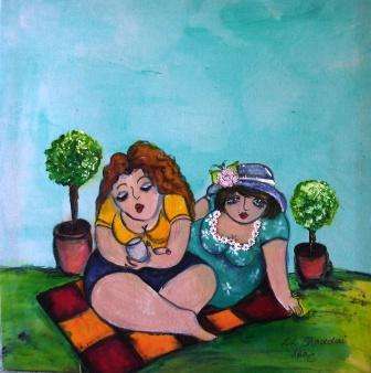 Two girls at a picnic painting - 63 x 62 cm