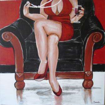 Red dress Lady in chair painting 76 x 76 cm