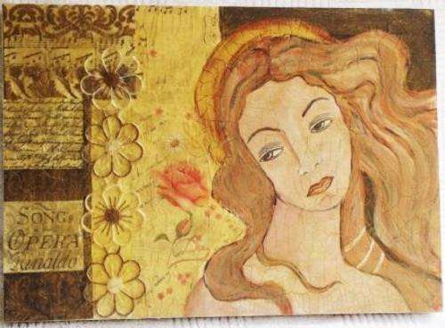 Mixed-media daisy and lady painting 34 x 24 cm