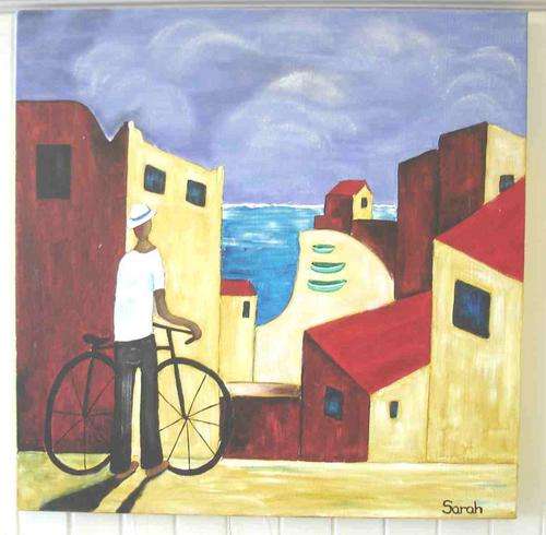 Man standing with bicycle painting - 60 x 60 cm
