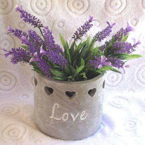 Round Love with cutout hearts planter (small) with two lavender bushes