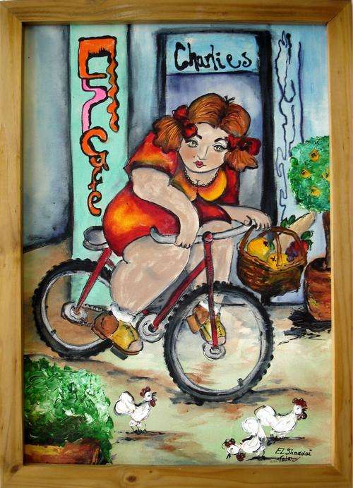 Framed girl on bicycle painting - 86 x 62 cm