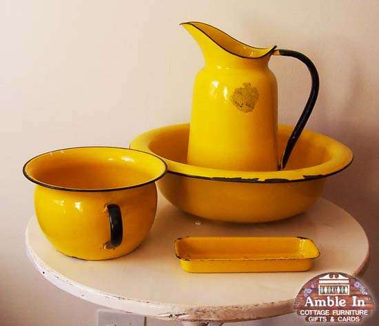 Yellow Enamel Jug and Basin set - Amble In Antiques