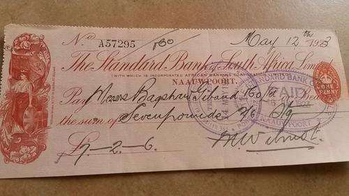 Standard Bank 1923 Cheque