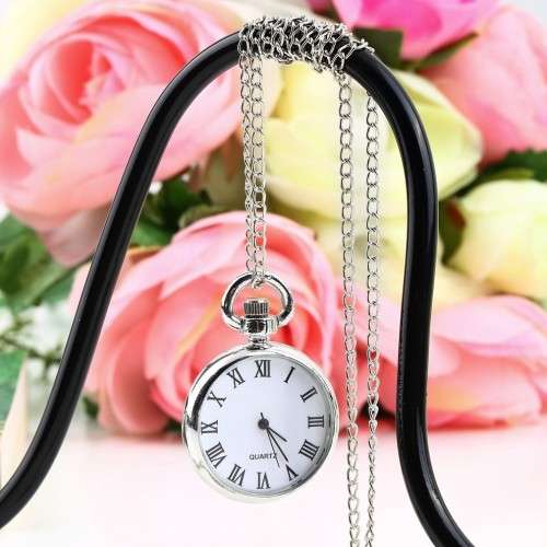 Quartz Round Pocket Watch Dial Vintage Necklace Silver Chain Pendant Antique Style 2015