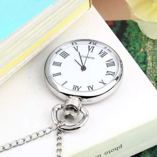 Quartz Round Pocket Watch Dial Vintage Necklace Silver Chain Pendant Antique Style 2015