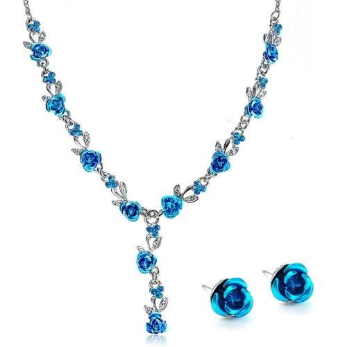 ***EXQUISITE*** WEDDING SET WITH BLUE ROSES AND CRYSTALS