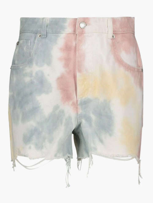 Multicolour Tie Dye Raw Hem Denim Shorts