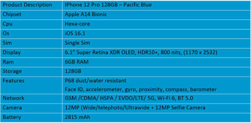 Apple IPhone 12 Pro 128GB - Pacific Blue
