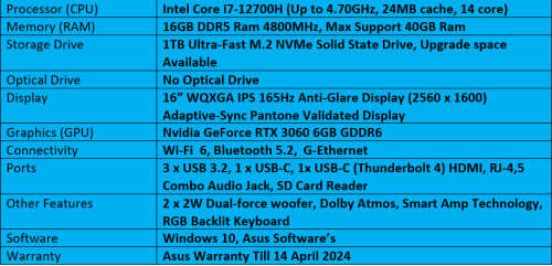 Asus Zephyrus M16 Intel Core i7-12700H Gaming Notebook