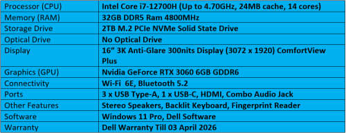 Dell Inspiron 16 7620 Intel Core i7-12700H Gaming Notebook