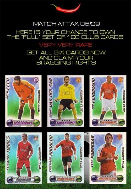 Match Attax 08/09 soccer cards - RARE - 100 club set of 6 cards!!!