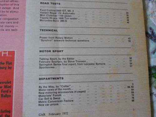 CAR FEBRUARY 1972 ( CORTINA 2000 GT , VALIANT REGAL , MINI CLUBMAN , MERCEDES 280S )