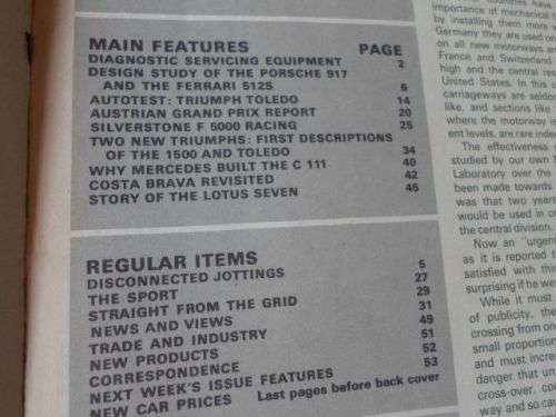 AUTO CAR MAGAZINE 20 AUG 1970 ( PORSCHE 917 ,  FERRARI 512 , TRIUMPH TOLEDO , TRIUMPH 1500 )