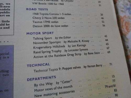 CAR MAGAZINE NOVEMBER 1967 ( TOYOTA CORONA , CHEVY 2 NOVA 230 , TAUNUS 17ME , DATSUN 2000