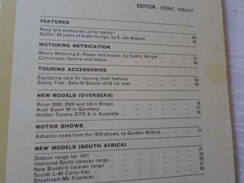 S.A. CAR MAGAZINE NOVEMBER 1970 ( FIAT 125 SPECIAL , OPEL REKORD SPRINT , VOLVO 122S-B20 , VW 1600 )