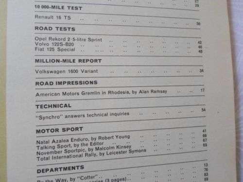 S.A. CAR MAGAZINE NOVEMBER 1970 ( FIAT 125 SPECIAL , OPEL REKORD SPRINT , VOLVO 122S-B20 , VW 1600 )