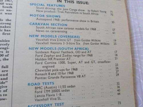 S.A. CAR MAGAZINE APRIL 1968 ( PEUGEOT 404 , AUSTIN 11/55 , FORD 17M , LANCIA FLAVIA , VAUXHALL VIVA